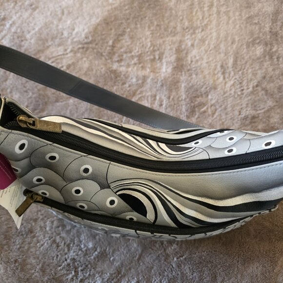 Anuschka Medium Hobo Hand Painted Leather Shoulder Bag Patchwork Pewter NWT - Picture 10 of 16